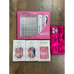 ABYST Eyelash Cluster Kit 3 Sets Press On Nails & Pink Wavy iPhone Case Bundle